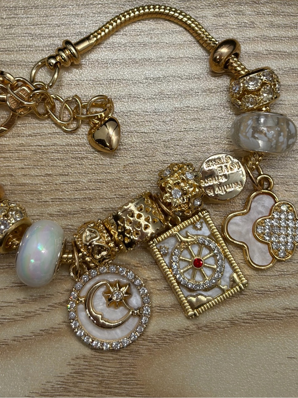 Gold and Pearl Charm Bracelet with Crystal Accents